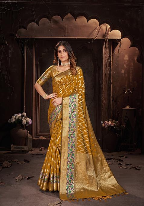 Yellow Woven Jacquard Saree Set