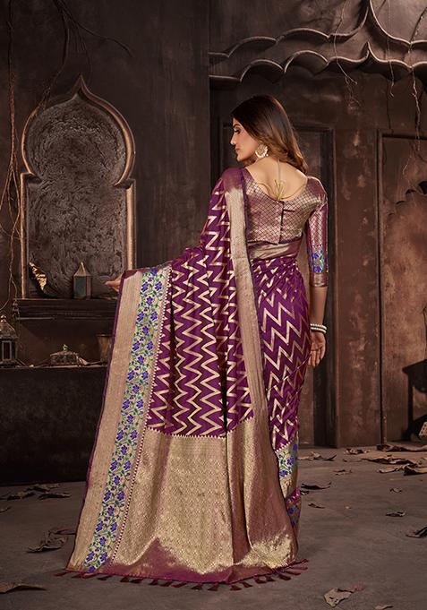 Purple Woven Jacquard Saree Set