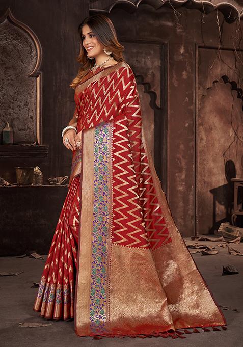Red Woven Jacquard Saree Set