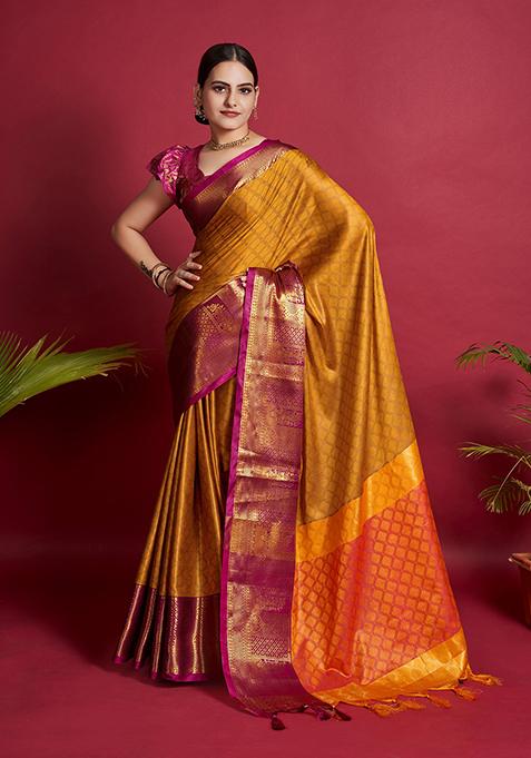 Mustard Woven Jacquard Saree Set