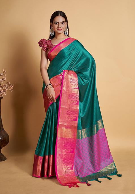 Turquoise Woven Jacquard Saree Set