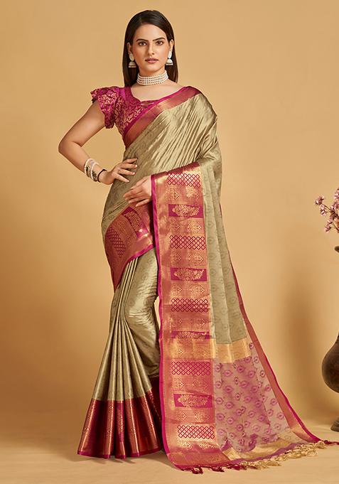 Beige Woven Jacquard Saree Set