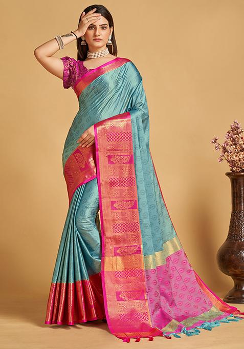 Sky Blue Woven Jacquard Saree Set