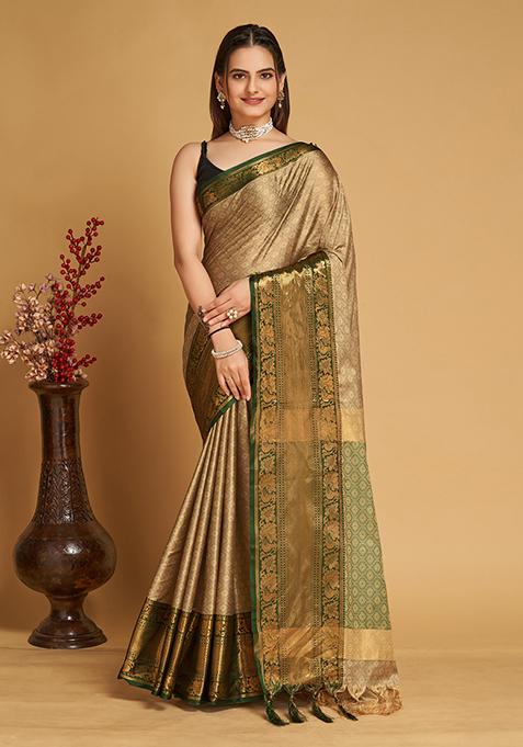 Beige Woven Jacquard Saree Set