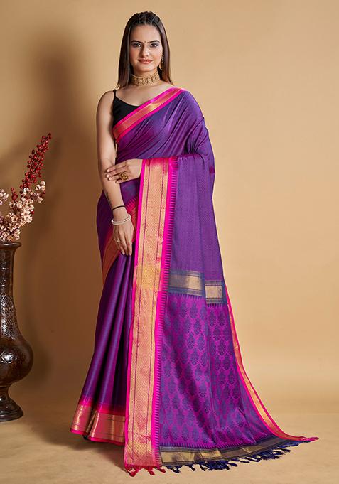 Purple Woven Jacquard Saree Set
