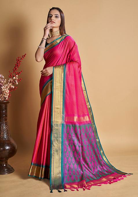 Pink Woven Jacquard Saree Set