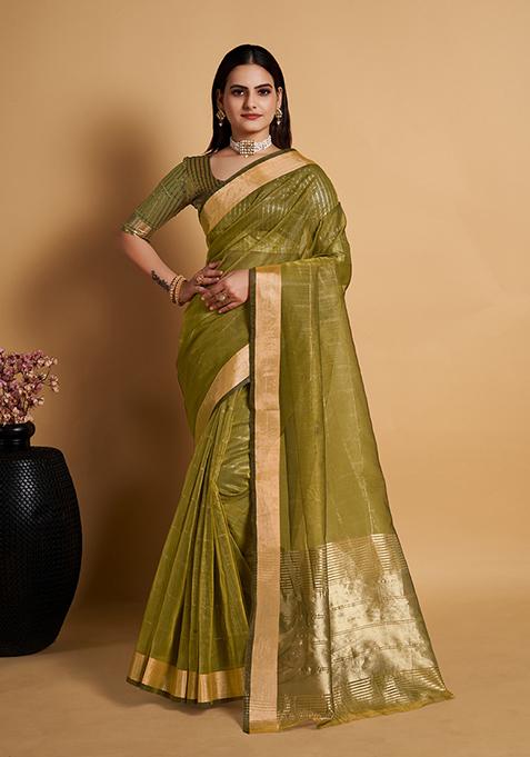 Green Woven Jacquard Saree Set
