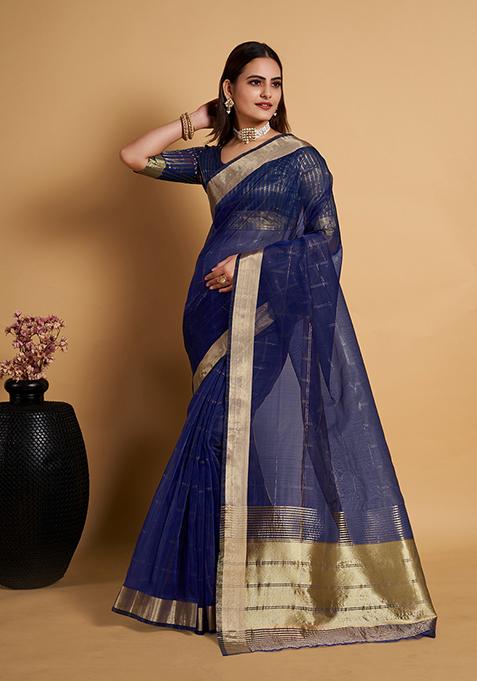 Navy Blue Woven Jacquard Saree Set
