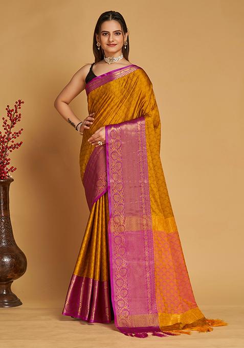 Mustard Woven Jacquard Saree Set