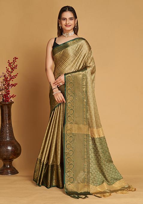 Beige Woven Jacquard Saree Set