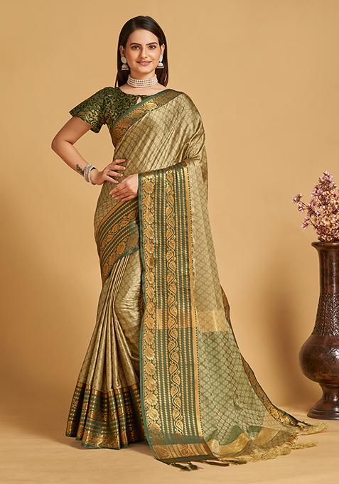 Beige Woven Jacquard Saree Set