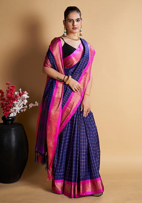Navy Blue Woven Jacquard Saree Set