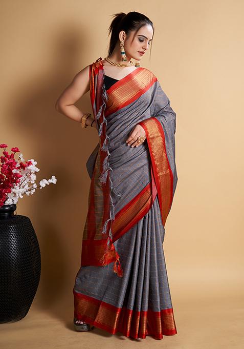 Light Grey Woven Jacquard Saree Set