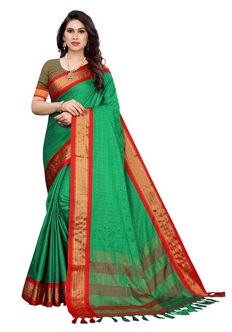 Green Woven Jacquard Saree Set