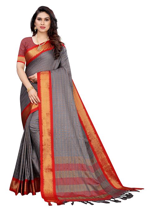 Light Grey Woven Jacquard Saree Set