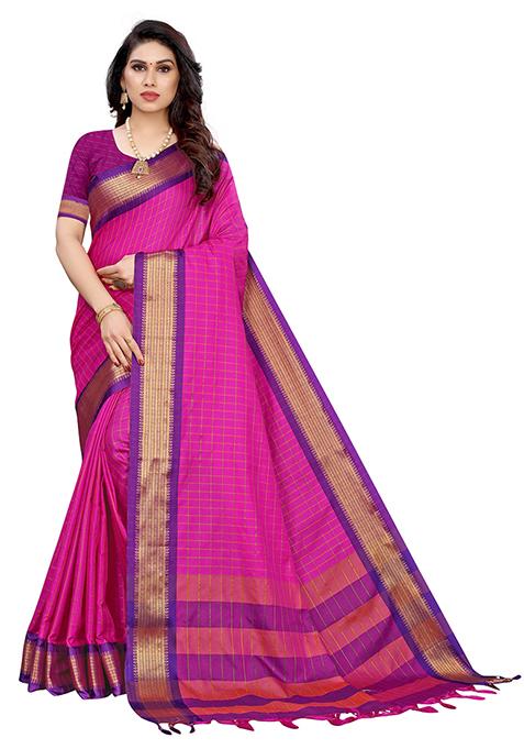 Rani Pink Woven Jacquard Saree Set