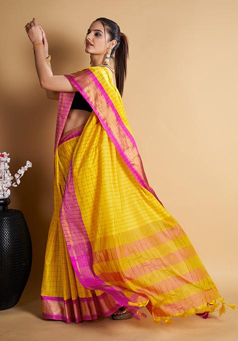 Yellow Woven Jacquard Saree Set