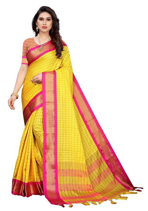Yellow Woven Jacquard Saree Set