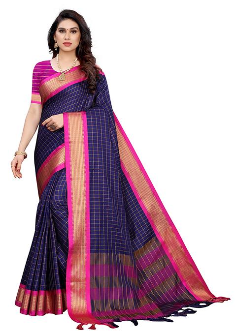 Navy Blue Woven Jacquard Saree Set