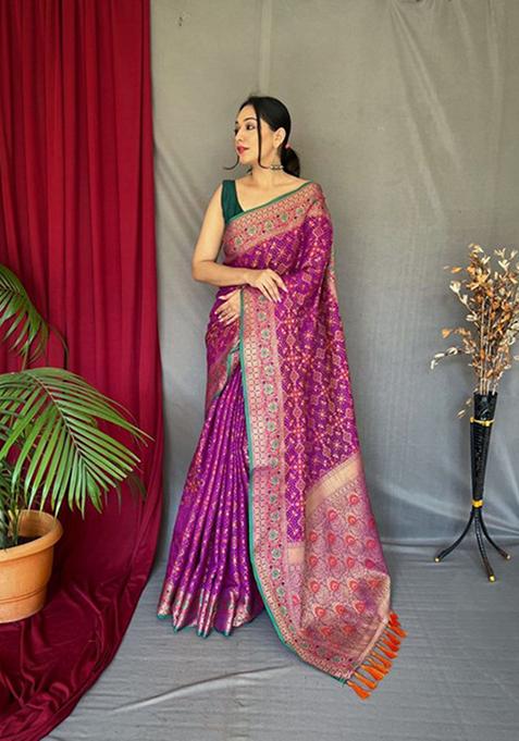 Purple Woven Jacquard Saree Set