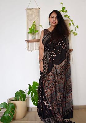 Black Printed Chanderi Cotton Saree Set