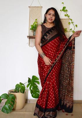 Red Printed Chanderi Cotton Saree Set