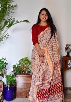 Cream Printed Chanderi Cotton Saree Set