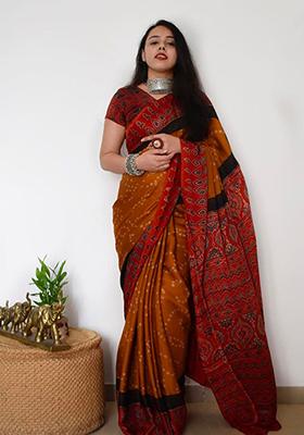 Mustard Printed Chanderi Cotton Saree Set
