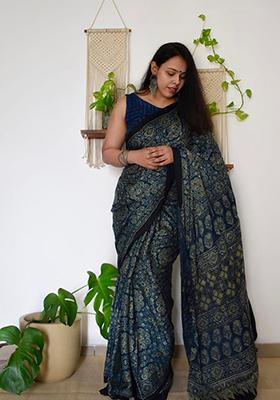 Blue Printed Chanderi Cotton Saree Set