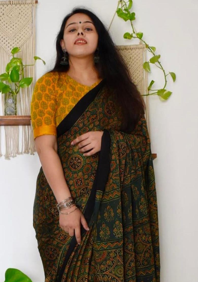 Green Printed Chanderi Cotton Saree Set