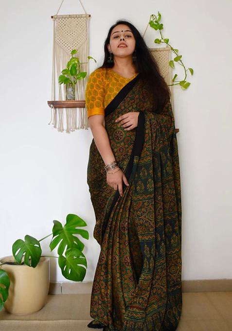 Green Printed Chanderi Cotton Saree Set