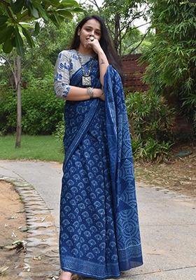 Blue Printed Chanderi Cotton Saree Set