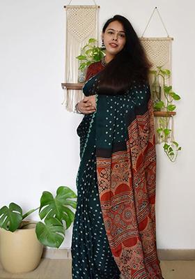 Teal Printed Chanderi Cotton Saree Set
