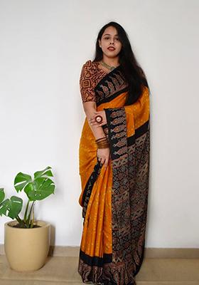 Mustard Printed Chanderi Cotton Saree Set