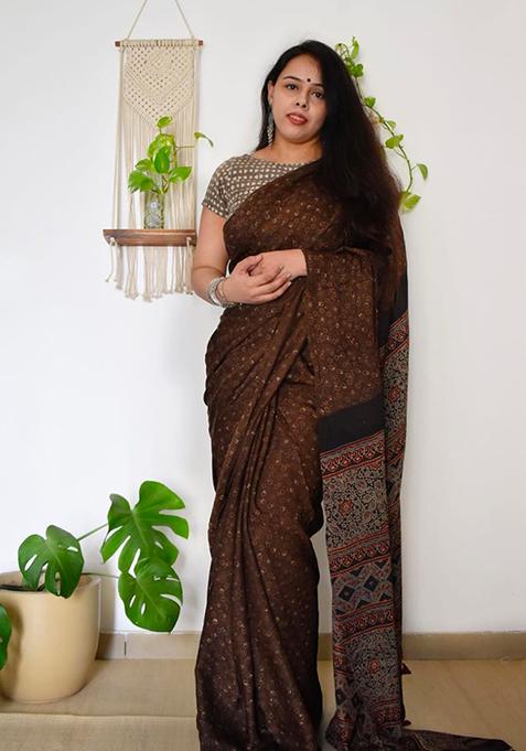 Brown Printed Chanderi Cotton Saree Set