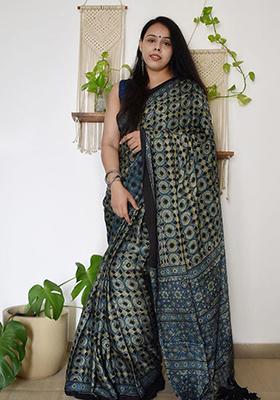 Blue Printed Chanderi Cotton Saree Set