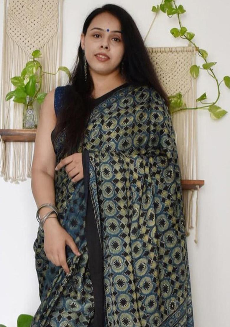 Blue Printed Chanderi Cotton Saree Set