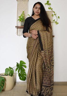 Mustard Printed Cotton Saree Set