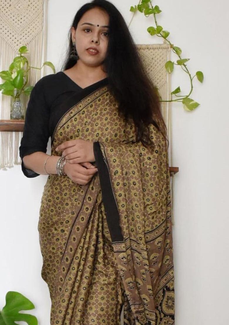 Mustard Printed Cotton Saree Set
