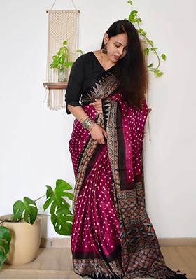 Magenta Printed Cotton Saree Set