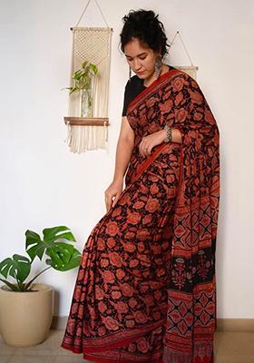 Black Printed Cotton Saree Set