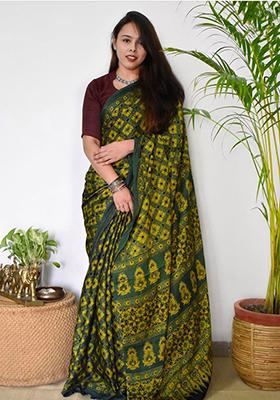 Yellow Printed Cotton Saree Set