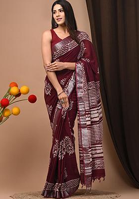 Maroon Printed Linen Saree Set