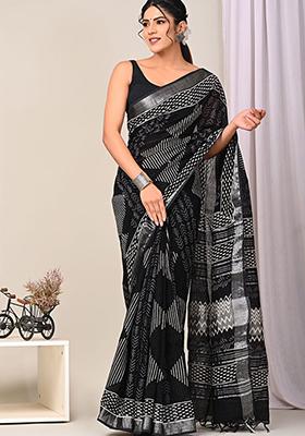 Black Printed Linen Saree Set