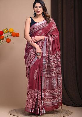 Maroon Printed Linen Saree Set