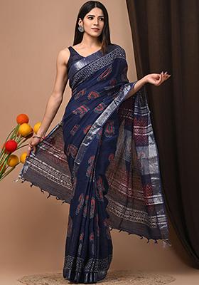 Navy Blue Printed Linen Saree Set