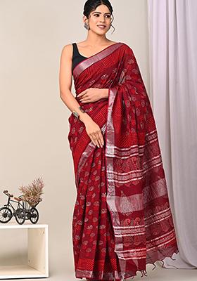 Maroon Printed Linen Saree Set