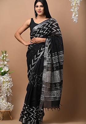 Black Printed Linen Saree Set