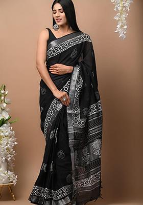 Black Printed Linen Saree Set