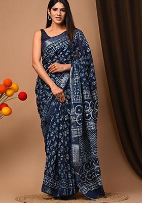 Blue Printed Linen Saree Set
